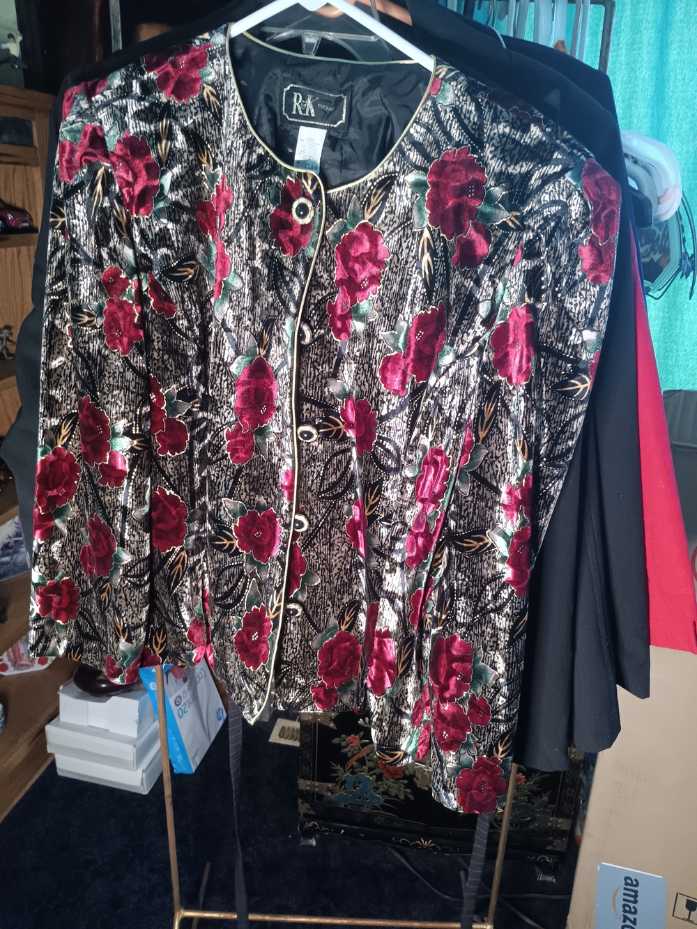 R&K Black Velvet Floral Blazer with Red Rose Applique